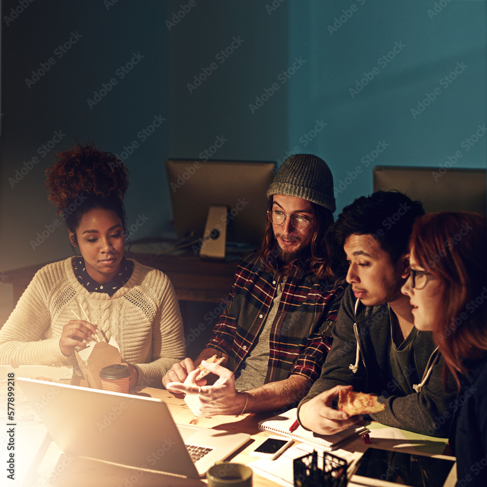 Wall mural College teamwork, laptop and night students working on web search for university research, digital IT database or project. Education learning, school study or diversity people review of online report