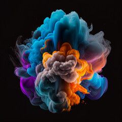Colorful liquid or powder explosion on black background. Generative AI illustration