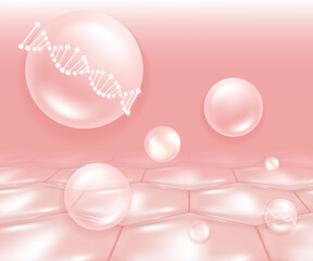 Hyaluronic acid hair and skin solutions ad, pink collagen serum drop into skin cells with cosmetic advertising background ready to use, illustration vector.	