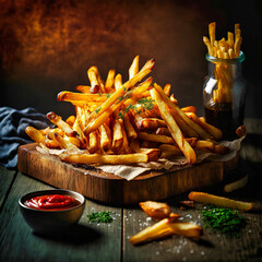 French fries. Chips. Professional food photo. Background or poster. Generative AI.