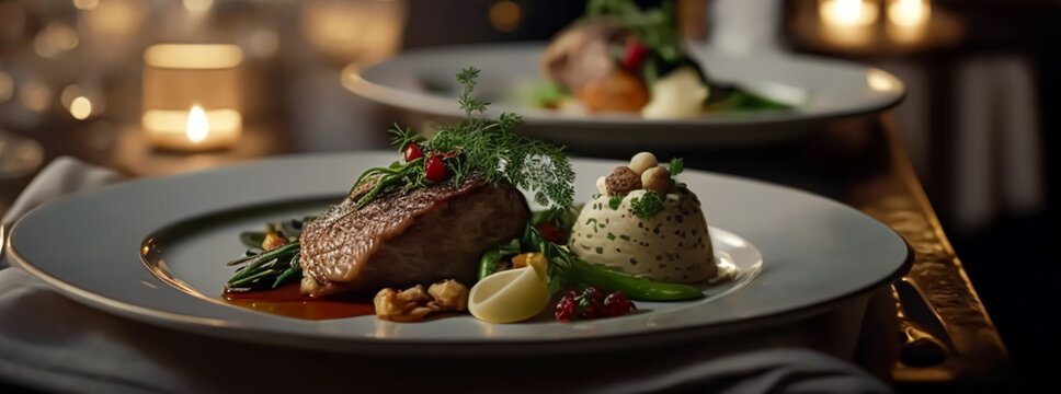 Luxury food service, main course served by a waiter at a wedding celebration or formal event in classic English style at luxurious hotel or country estate. Generative AI.