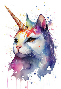 watercolor caticorn, Meowgical, Unicorn Cat png, watercolor cat png, Unicorn png, Generative AI