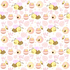 Seamless pattern with cute bees, honeycomb, and leaves on pink background illustration for Children's print for textiles, packaging, fabrics, and wallpapers.