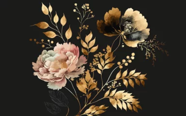 Gordijnen Abstract background watercolor gentle gold flower and gold splash and black background. gold and black watercolor flower art. © Pixel Park