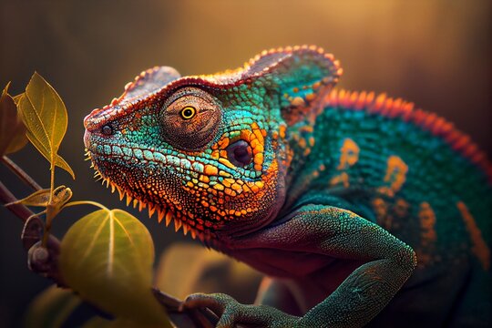 Close up of a chameleon on a branch. Generative AI, Generative, AI