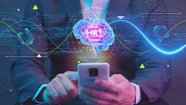 AI icon with brain and global hologram above smartphone. Artificial intelligence, machine learning concept, digital chatbot, big data, cloud computing, computer network and innovation technology