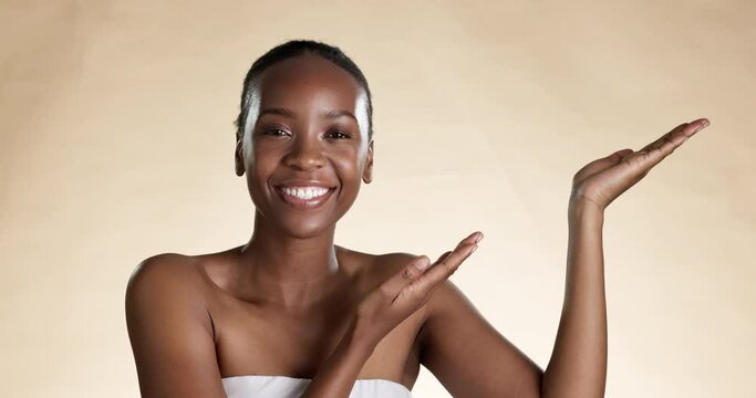 Face, woman and skincare for beauty, hands for product placement or happiness on studio background. Portrait, African American female or lady with handout for advertising cosmetics, smile or wellness