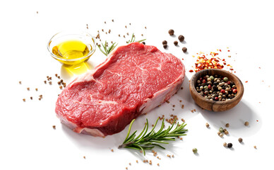 Fresh raw beef steak with spices isolated on white background. 