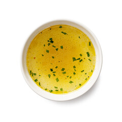 Chicken broth, stock or bouillon with vegetables isolated on white background, top view