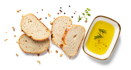 Fresh bread slices with olive oil isolated on white background, top view
