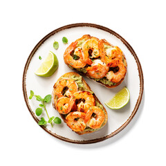 Toast or sandwich with Grilled fresh Spicy Prawns Shrimps with mashed avocado and lime slices. isolated on white background . top view