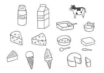 牛乳・乳製品の手描きイラストセット（モノクロ）