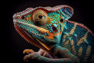 Close up of a chameleon with a black background. Generative AI, Generative, AI