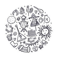 Round illustration with elements of the Maslenitsa holiday, hand-drawn in the style of a doodle