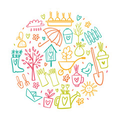Vector round illustration of gardening elements and symbols of spring, hand-drawn in doodle style