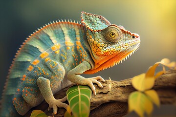 Obraz premium A green chameleon on a branch. Generative AI, Generative, AI