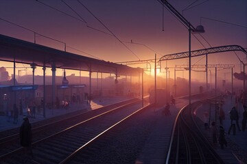 Fototapeta na wymiar complexe railway station at sunrise. Generative AI