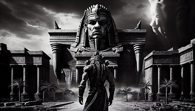 picture of post apocalyptic retro futuristic egypt empire ancient Egypt gods black white style. Generative Ai