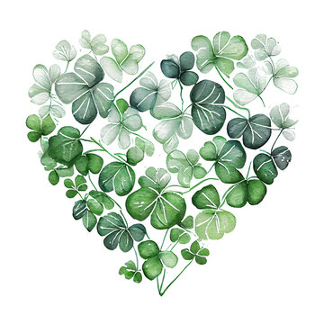 Shamrock leaves in the heart shape, St Patrick's day, Watercolor clover leaves, watercolor spring background, Generative AI
