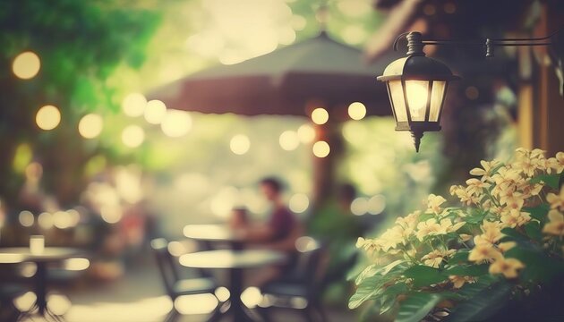 Blurred background - coffee shop in garden blur background with bokeh. Generative ai