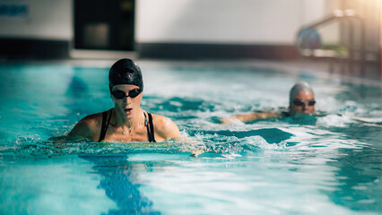 Women Swimming Together in Indoor Swimming Pool.