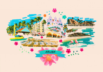 Collage from views of Oranjestad at Aruba - beautiful Caribbean island. Art design - obrazy, fototapety, plakaty