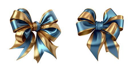 Set of decorative golden with blue bow isolated on white background. Generative AI.