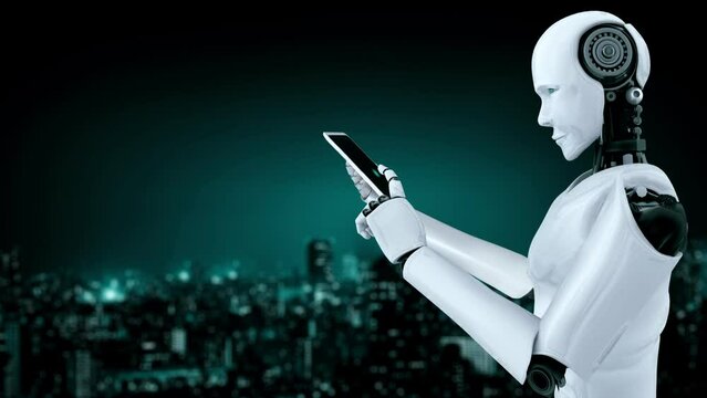 Futuristic robot artificial intelligence huminoid AI programming coding technology development and machine learning concept. Robotic bionic science research for future of human life. 3D rendering.