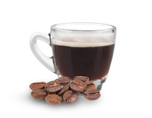 Black coffee in glass cup and coffee beans on transparent png