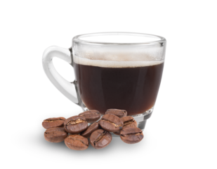 Black coffee in glass cup and coffee beans on transparent png