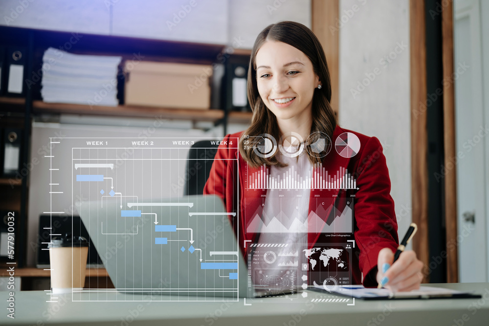 Poster businesswoman hand project manager working and update tasks and gantt chart scheduling virtual diagr