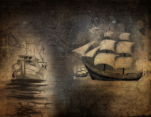 Old ship and dark vintage nautical map background