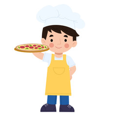 Illustration of a boy chef making pizza