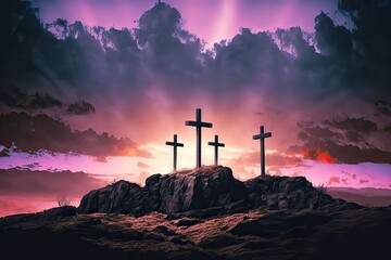 Three Crosses atop Rocky Hill, Dramatic Sky of Pink & Purple Clouds. Easter & Good Friday Symbol. Photo generative AI
