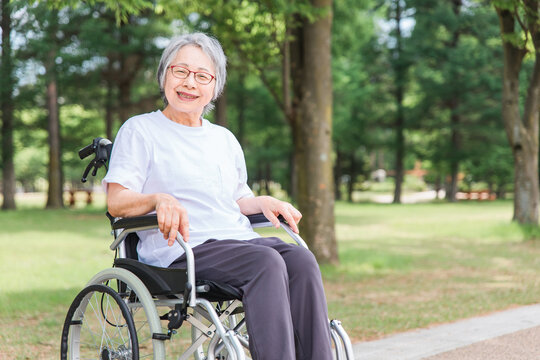 公園で車椅子に乗る笑顔の高齢者女性(散歩・外出)
