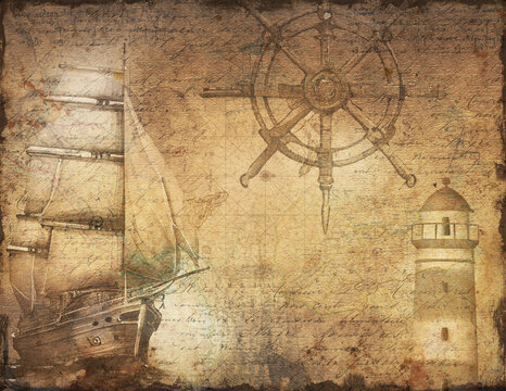 Steering wheel and old ship vintage background.