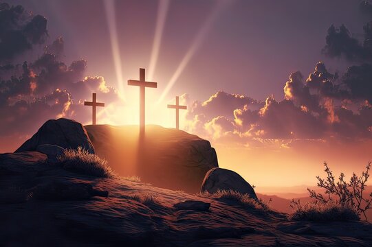Symbol of Crucifixion: Three Crosses at Sunrise. Photo generative AI