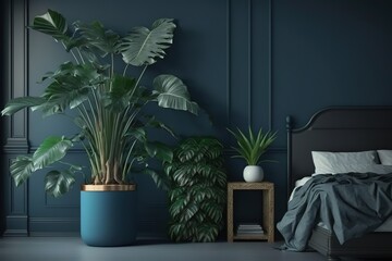 Home interior mock - up background, dark blue bedroom with potted palm