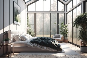Illustration of modern bedroom with big french windows