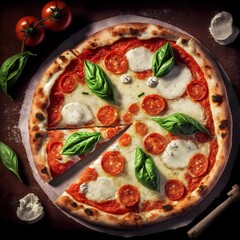 Delicious pizza, slice of pizza. Professional food photo. For advertising or for a poster. Generative AI.