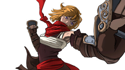 A fierce fighter girl in an epic, dynamic pose is preparing to punch dressed in iron knuckles, she is an anime character of a martial artist with a blonde bob hairstyle and a red scarf.2d cartoon art