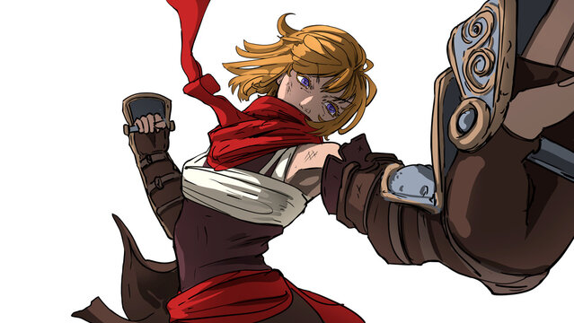 A fierce fighter girl in an epic, dynamic pose is preparing to punch dressed in iron knuckles, she is an anime character of a martial artist with a blonde bob hairstyle and a red scarf.2d cartoon art