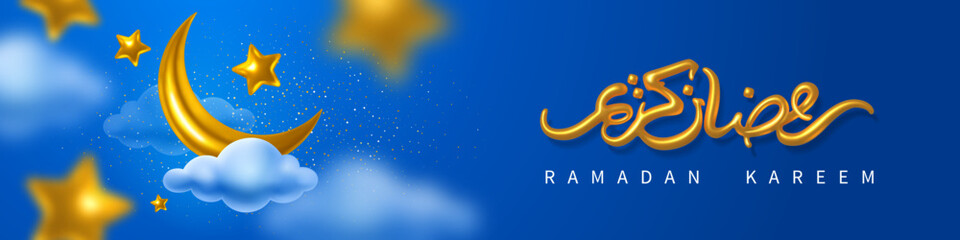Obraz na płótnie Canvas Ramadan Kareem greeting banner template. Golden crescent and stars in the clouds on night sky, and arabic calligraphy which mean Ramadan Kareem. Blue background. Vector 3d realistic illustration