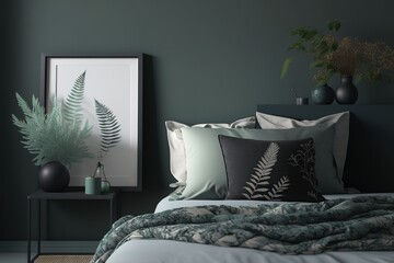 Landscape black picture frame mockup on sage green wall. Elegant bedroom view. White and grey linen pillows, blanket. Night stand with ceramic vase, dry fern and books. Scandinavian interior