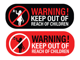 'warning, keep out of reach of children' vector icon set, red and black in color