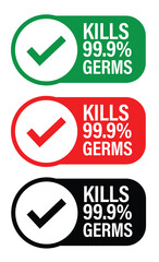 kills 99.9% germs vector icon with tick mark