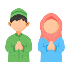 Muslim kids' character illustration thanking, greeting, apologize, farewell pose  by using two hand palms spliced together isolated white background