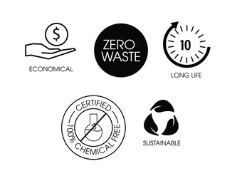 logo vector set such as : economical, zero waste, long life, chemical free, sustainable