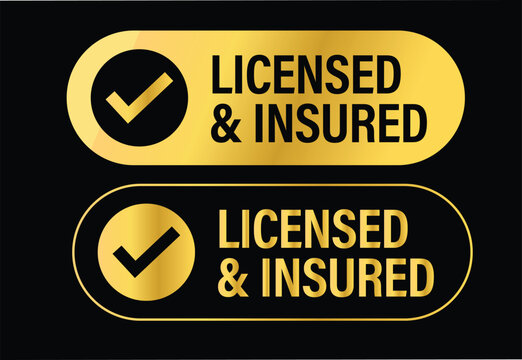 licensed and insured vector icon set isolated on dark background, golden colored