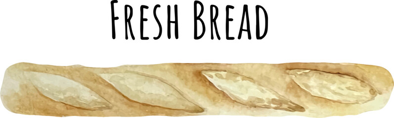 Watercolor bread illustration. Fresh bakery pastry product rye, wheat and whole grain bread, french baguette, croissant, bagel, roll, toast bread slices, donut, bun, loaf wicker bun